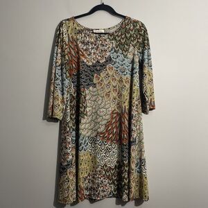 Prelude Women's Bohemian  Large Feather Print Shift Midi Dress 3/4 Slit Sleeve
